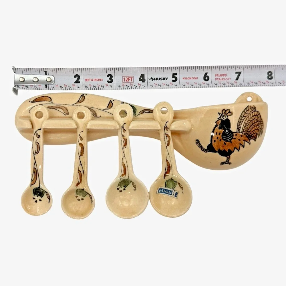 Japan Rooster Wall Pocket Measuring Spoon Set Ceramic Farmhouse 1950s Vintage